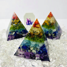 Load image into Gallery viewer, Chakra Resin Chip Orgone Pyramid