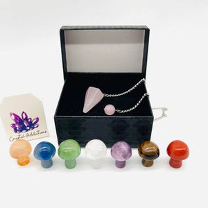 Seven Chakra Mushroom Giftbox + Rose Quartz Pendulum