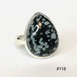 Snowflake Obsidian Tear Drop Sterling Silver Ring #118