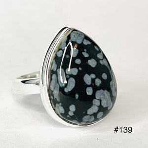Snowflake Obsidian Tear Drop Sterling Silver Ring #139