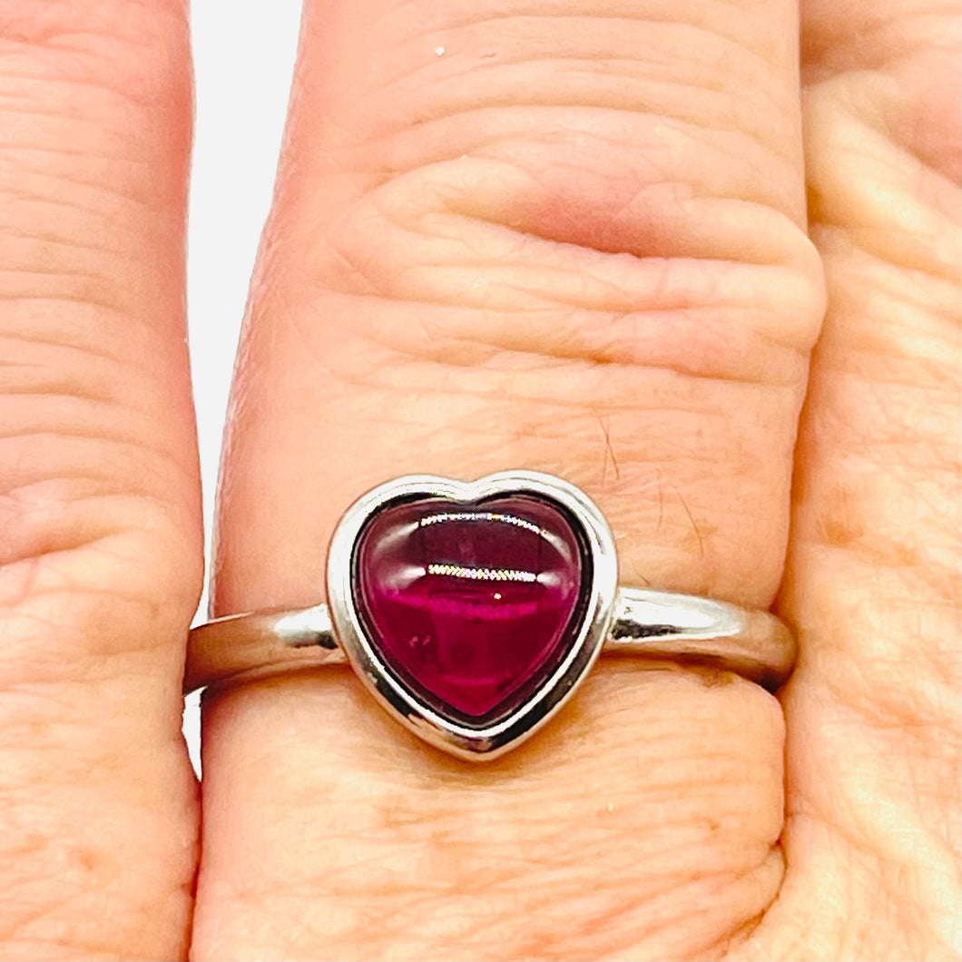 Garnet Heart Adjustable Silver Ring