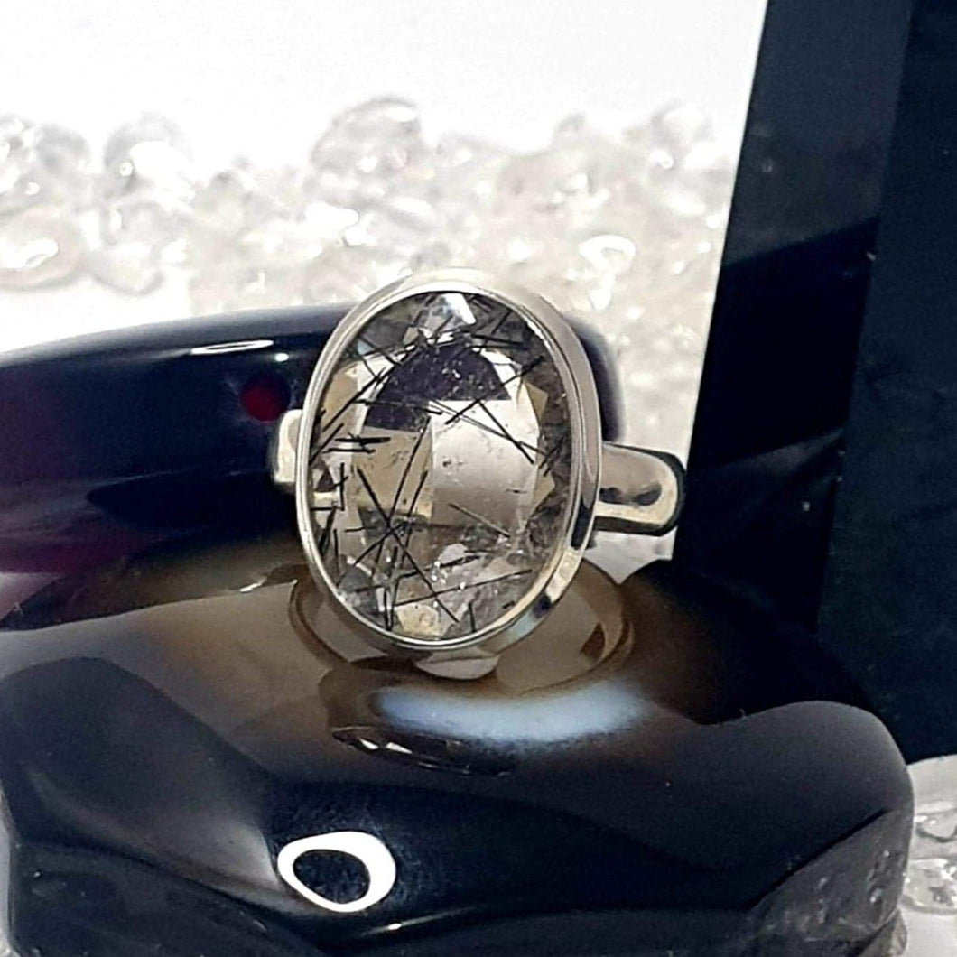 Black Tourmaline in Quartz Sterling Silver Ring #98