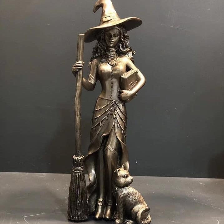 Bronze Witch and Cat Resin Statue