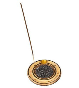 Round Wooden Black Star Pentacle Incense Holder