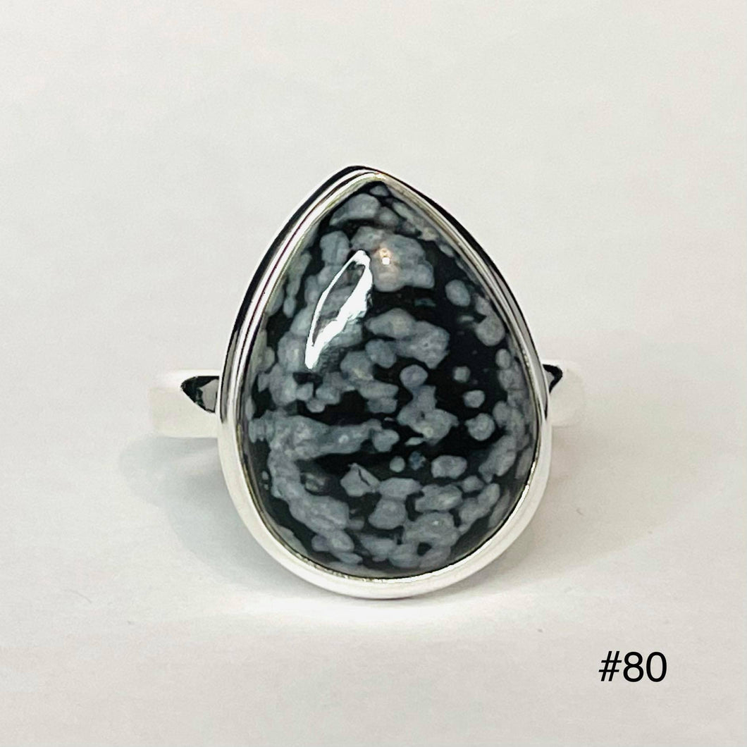 Snowflake Obsidian Tear Drop Sterling Silver Ring #80