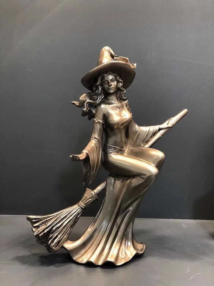 Bronze Witch Flying on Broomstick Resin Statue
