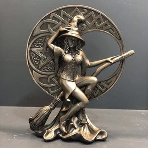 Bronze Witch and Moon Resin Statue