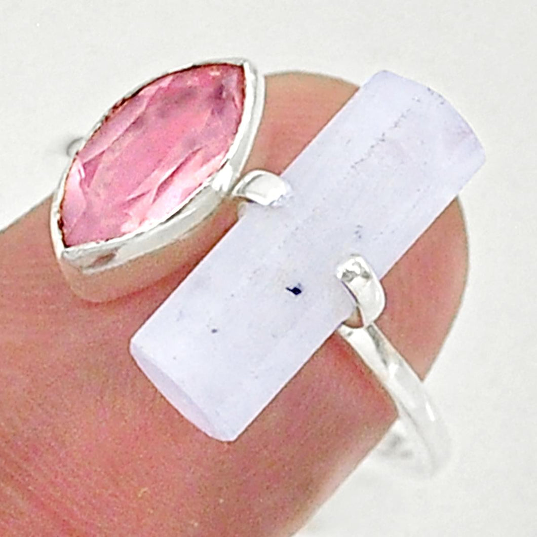 Moonstone + Rose Quartz Silver Adjustable Ring # 109